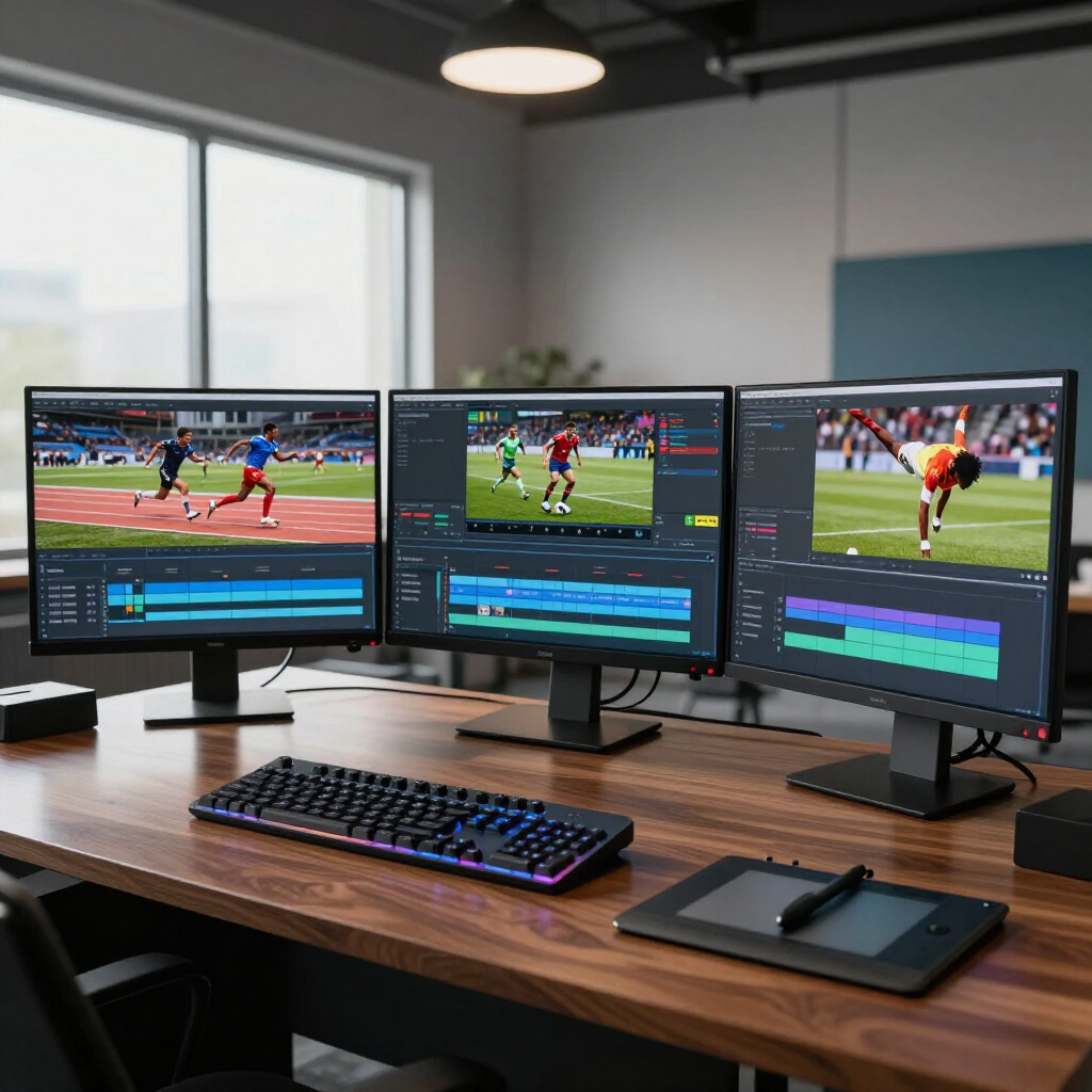 Three monitors on a wood desk display video editing software showing soccer matches, with a keyboard and drawing tablet.