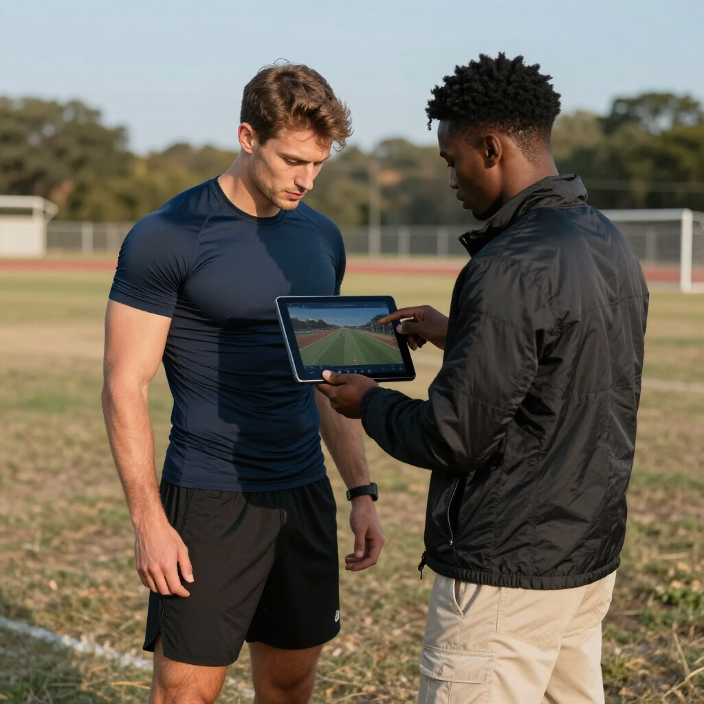 A coach and athlete review data on a tablet while standing on an outdoor track field.