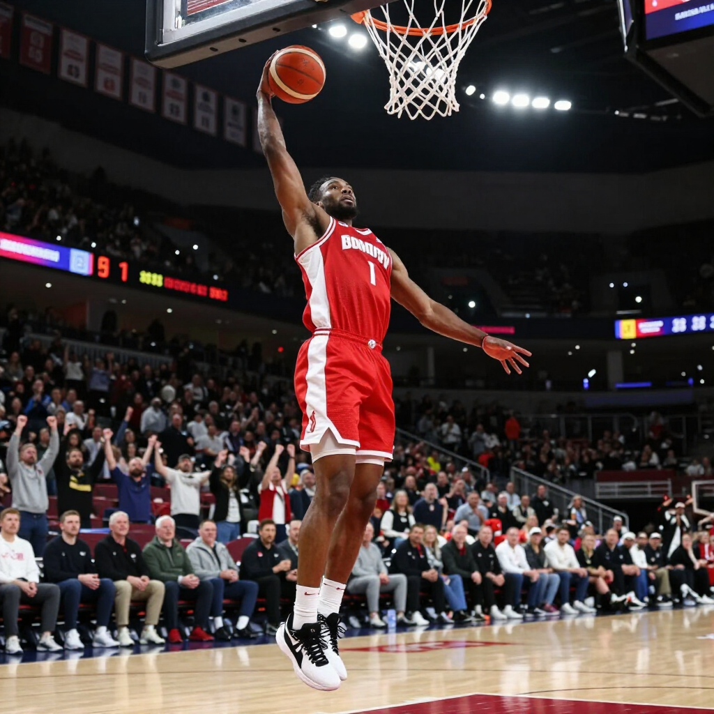 A basketball player in a red jersey dunks a basketball into the hoop during a game in a crowded arena.