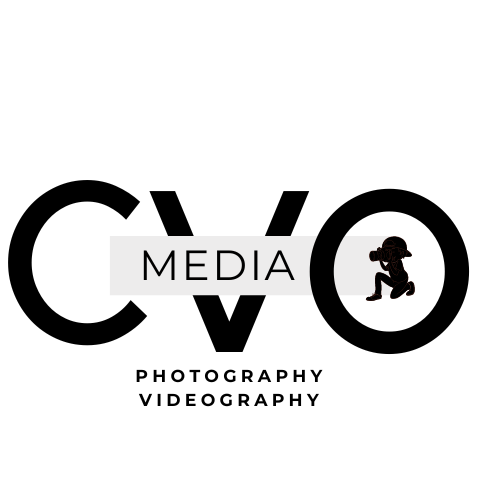Logo for CVO Media, featuring the letters CVO in bold black, with a photographer silhouette inside the O and text below.