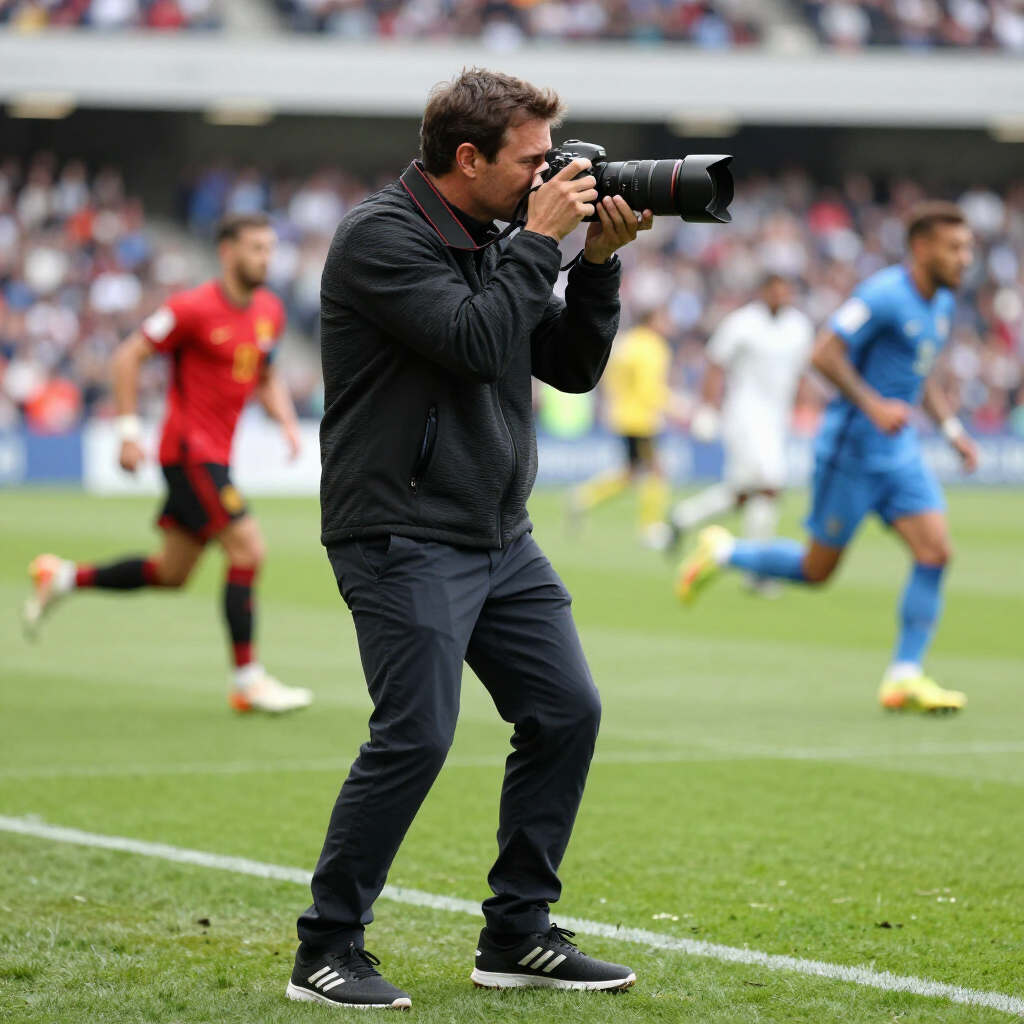 A photographer stands on the sidelines of a soccer field, using a long lens camera while players run in the background.