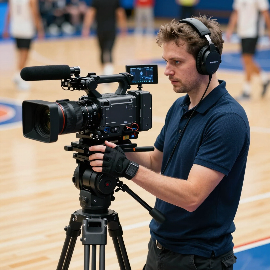 A person wearing headphones films basketball players on a court using a professional camera mounted on a tripod.