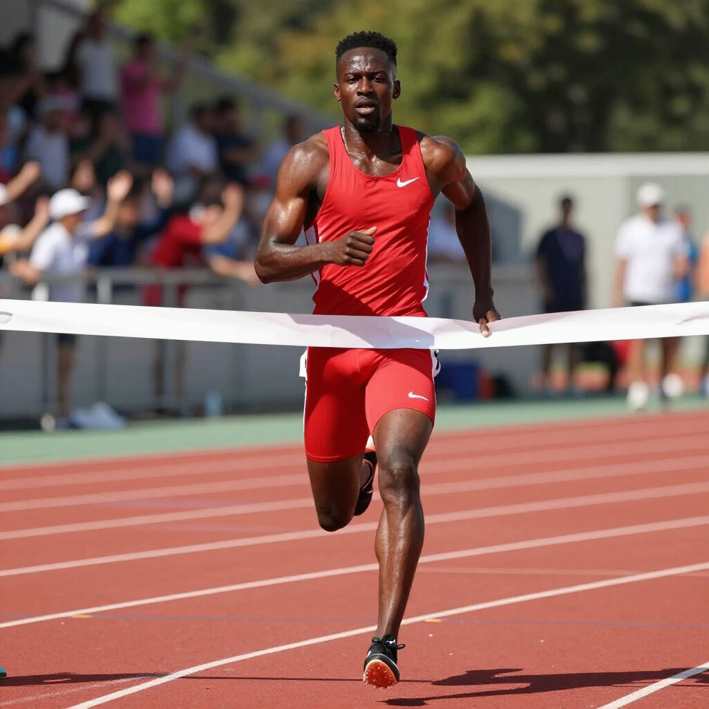 A track athlete in a red uniform crosses the finish line on a red running track in front of spectators.