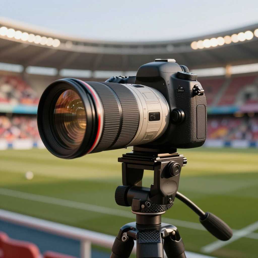 A professional camera mounted on a tripod stands overlooking a blurry, empty outdoor sports stadium.