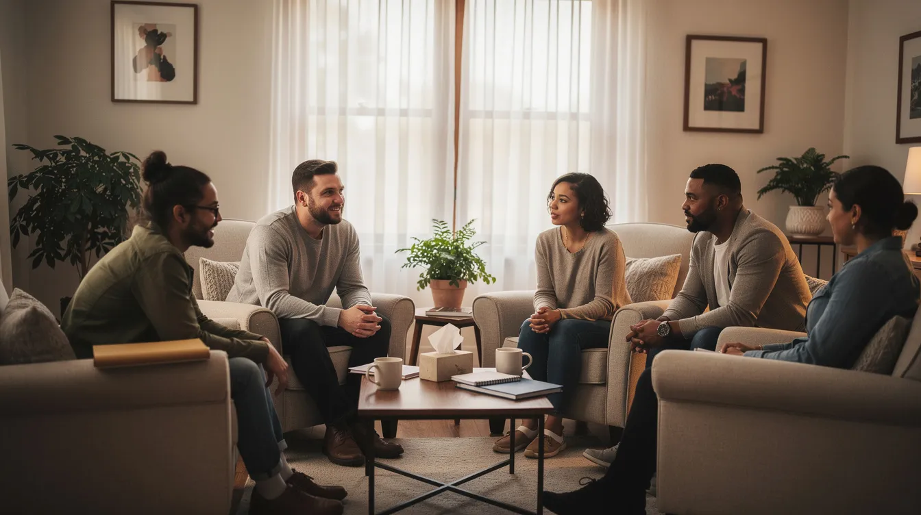 A small group of individuals, including mental health professionals, is seated in comfortable chairs arranged in a supportive circle, fostering an environment for open discussion and emotional support during therapy sessions. This setting encourages participants to share their experiences and coping skills related to various mental health conditions.