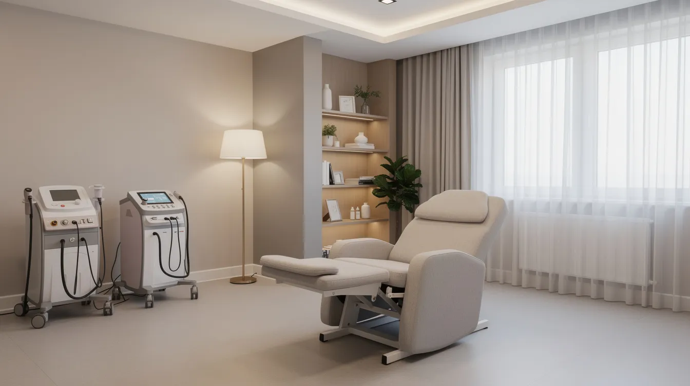 The image depicts a calm clinical room designed for ketamine therapy, featuring a comfortable recliner and soft, soothing lighting, creating an inviting atmosphere for patients seeking treatment for major depressive disorder and treatment-resistant depression. This serene environment emphasizes the importance of mental health and the potential for better mental health outcomes through innovative treatments like esketamine and ketamine infusions.