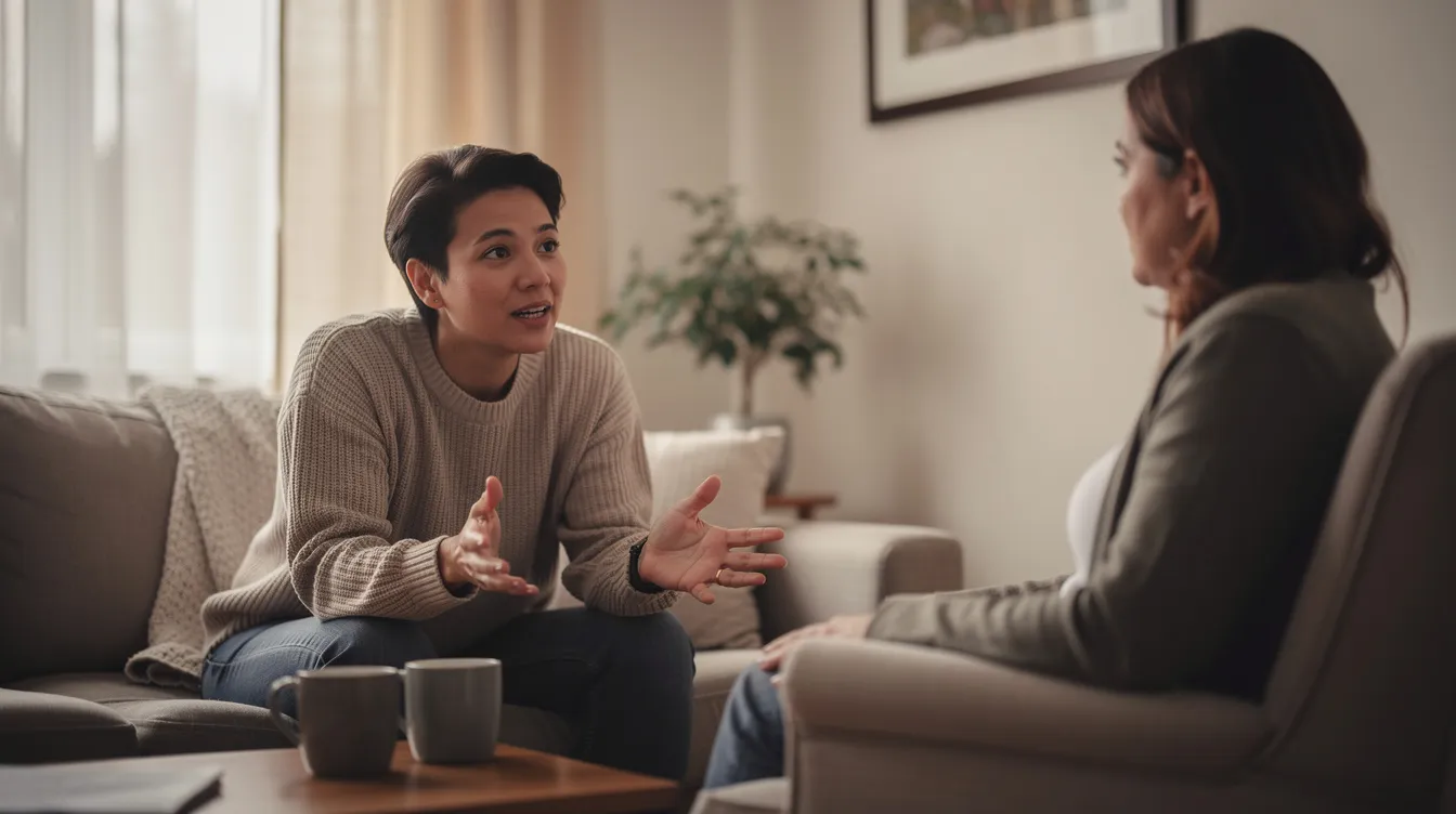 A person is sitting comfortably in a peaceful room, engaging in a supportive conversation that resembles a therapy session, where they openly express emotions and discuss their mental health challenges. The atmosphere is calm, emphasizing the importance of emotional support and the therapeutic relationship in addressing mental health conditions.