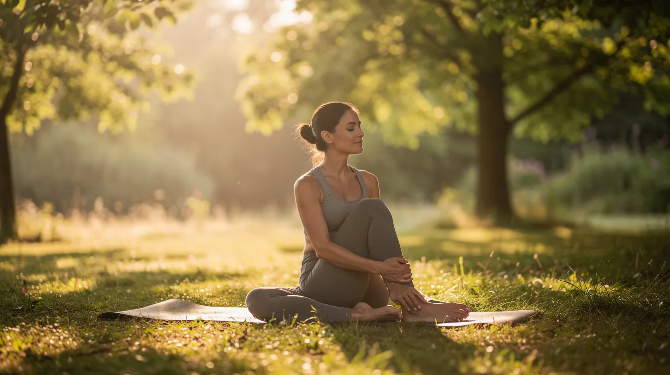 A person is practicing gentle yoga poses in a tranquil outdoor environment, surrounded by lush greenery, which can aid in managing stress and enhancing mental health. Engaging in such calming activities may be beneficial for individuals experiencing PTSD symptoms, promoting relaxation and emotional healing.