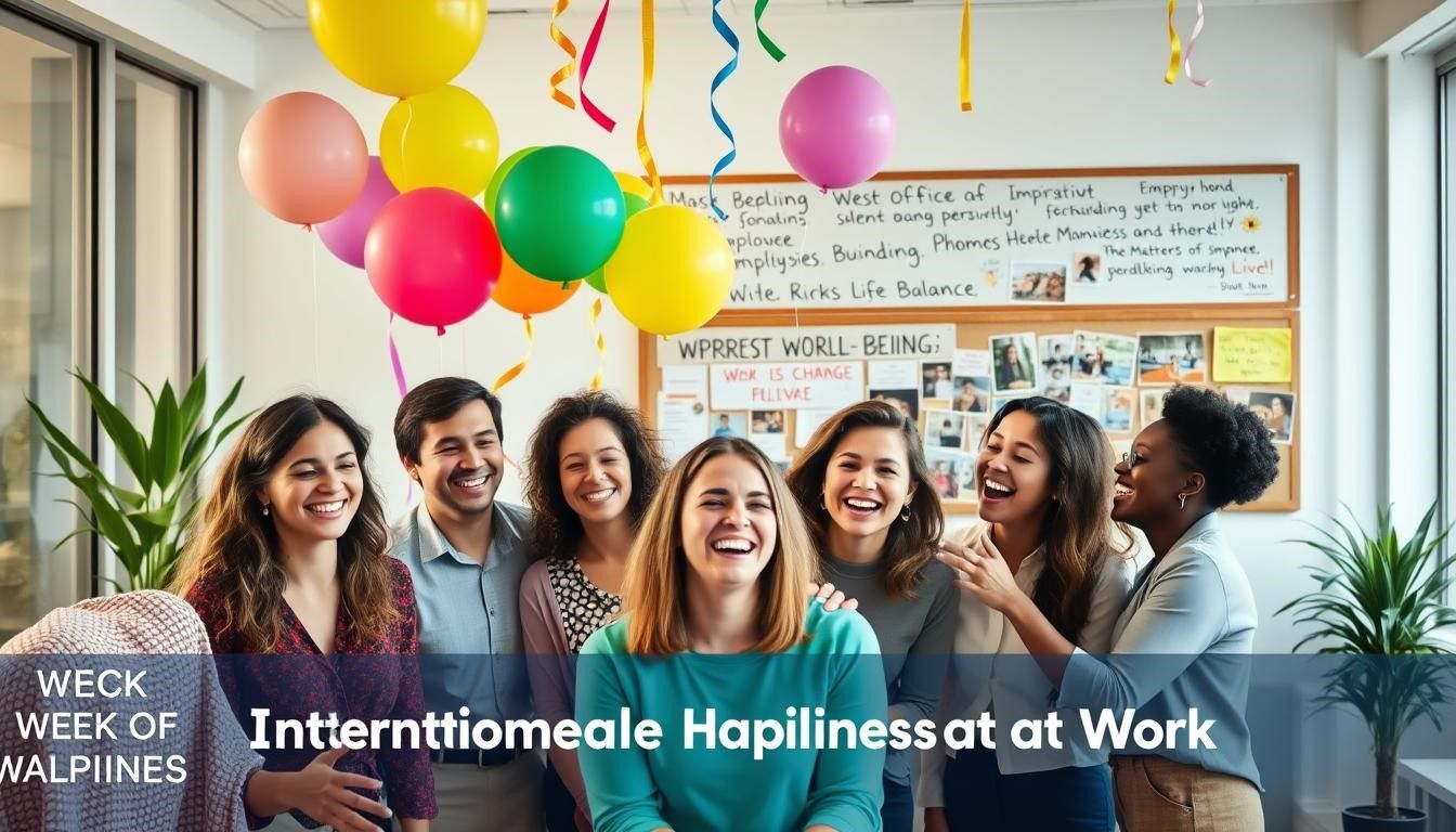 Group of coworkers celebrate in an office with balloons, smiling and laughing.