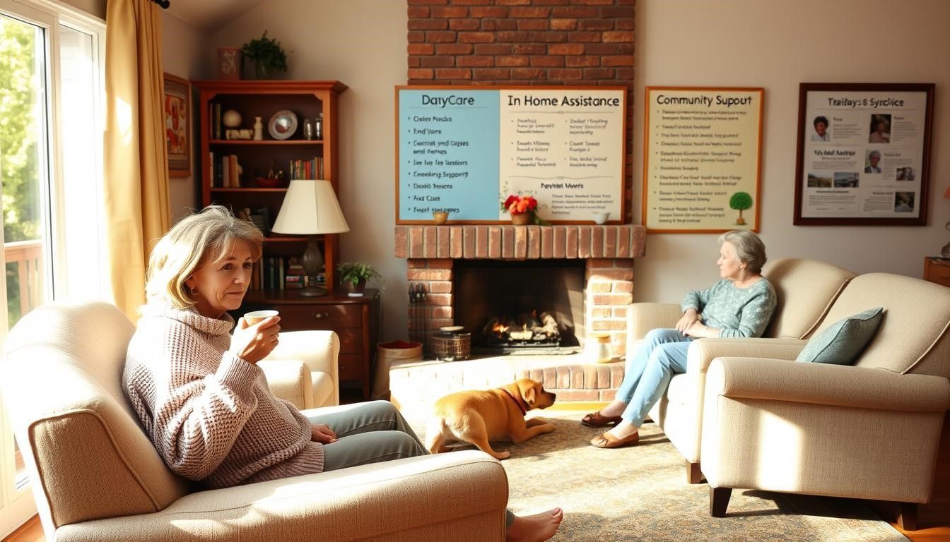 Two women relaxing in living room; one drinks, the other sits. Fireplace, dog, and framed information boards are present.