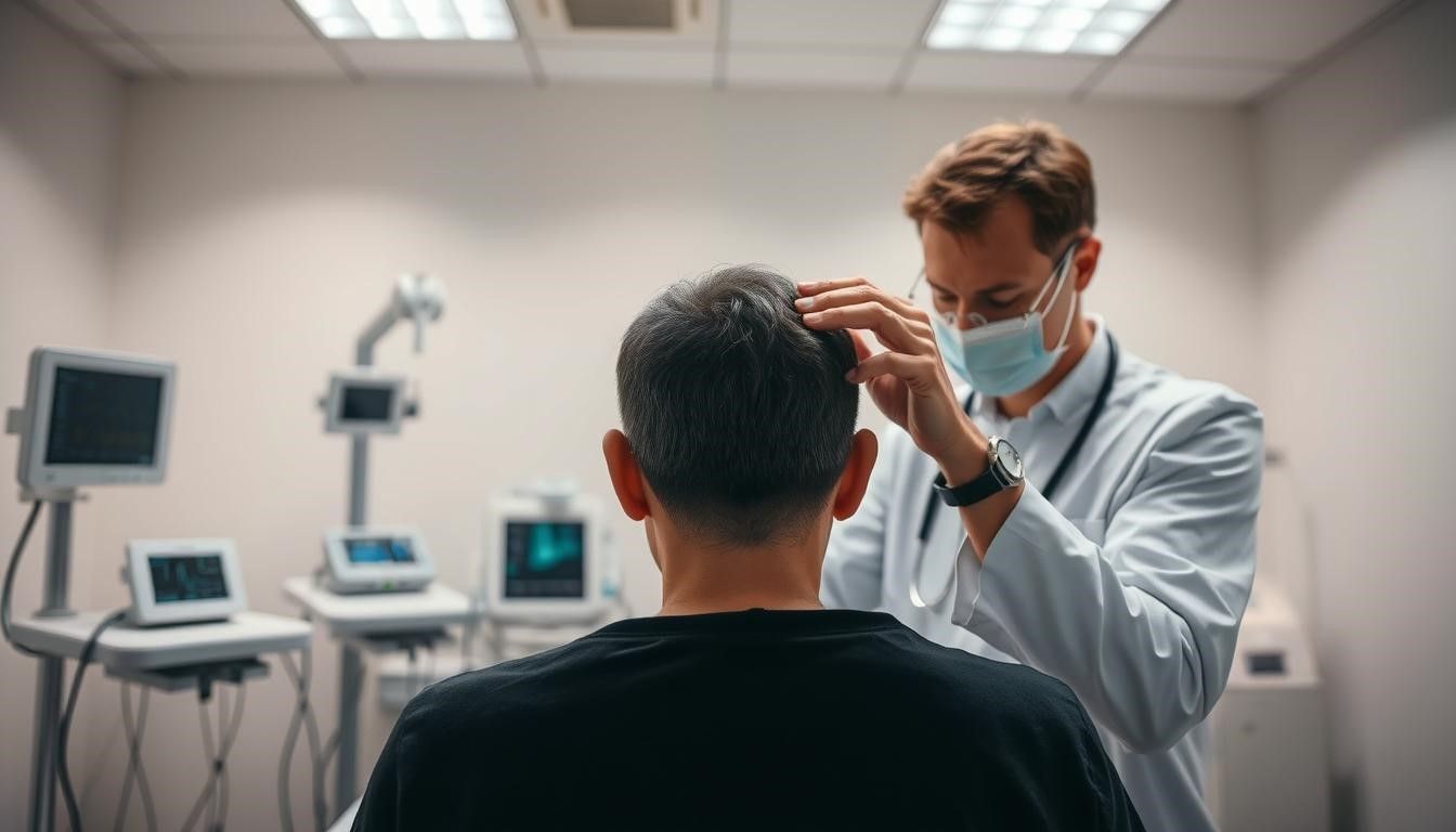 Doctor examining patient's scalp in a clinic room. Doctor is wearing a face mask and a white coat.