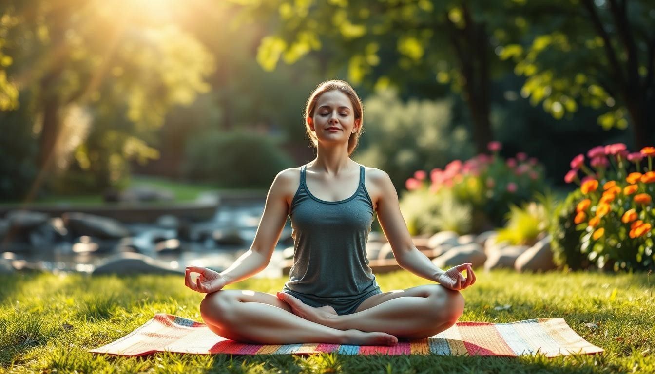 A woman is sitting in a lotus position on a yoga mat in a park.