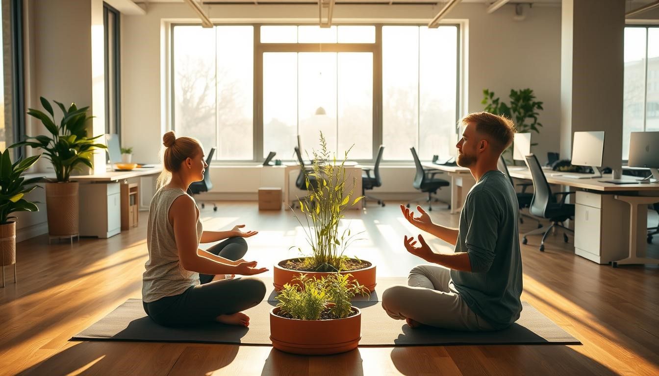 Two people meditating in an office, sunlight streaming through a window, plants nearby.