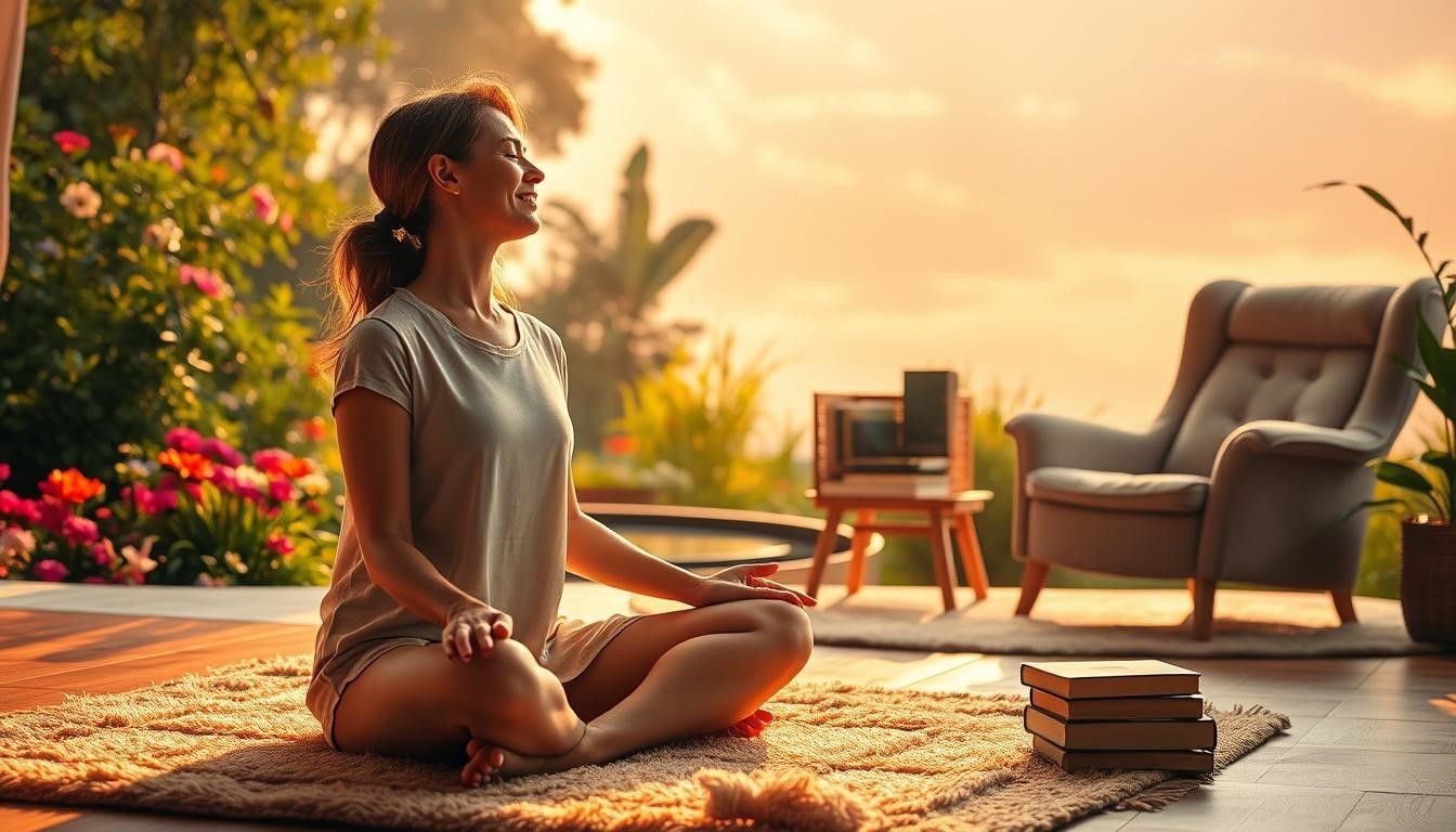 Woman in a relaxed pose, meditating on a rug outdoors, with a warm sunset glow.