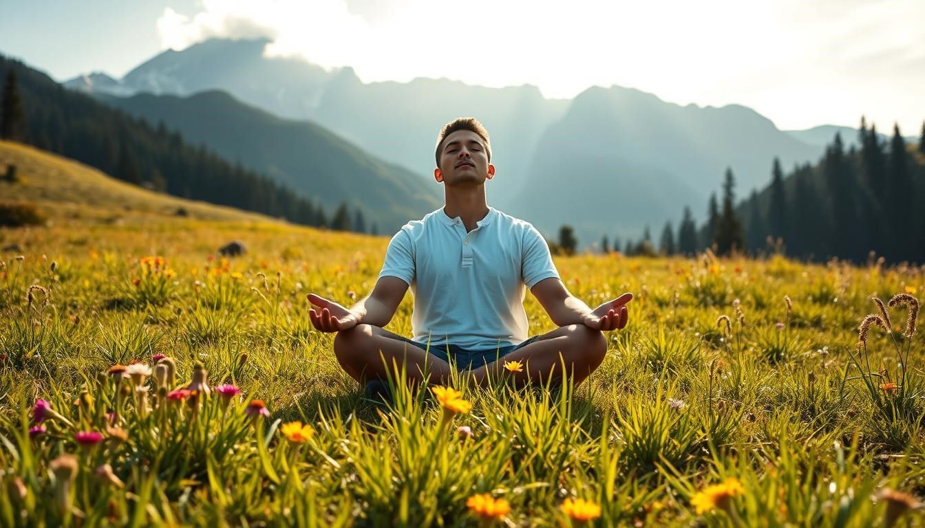 Man meditates cross-legged in a field, eyes closed, with mountains in the background. Sunny day.