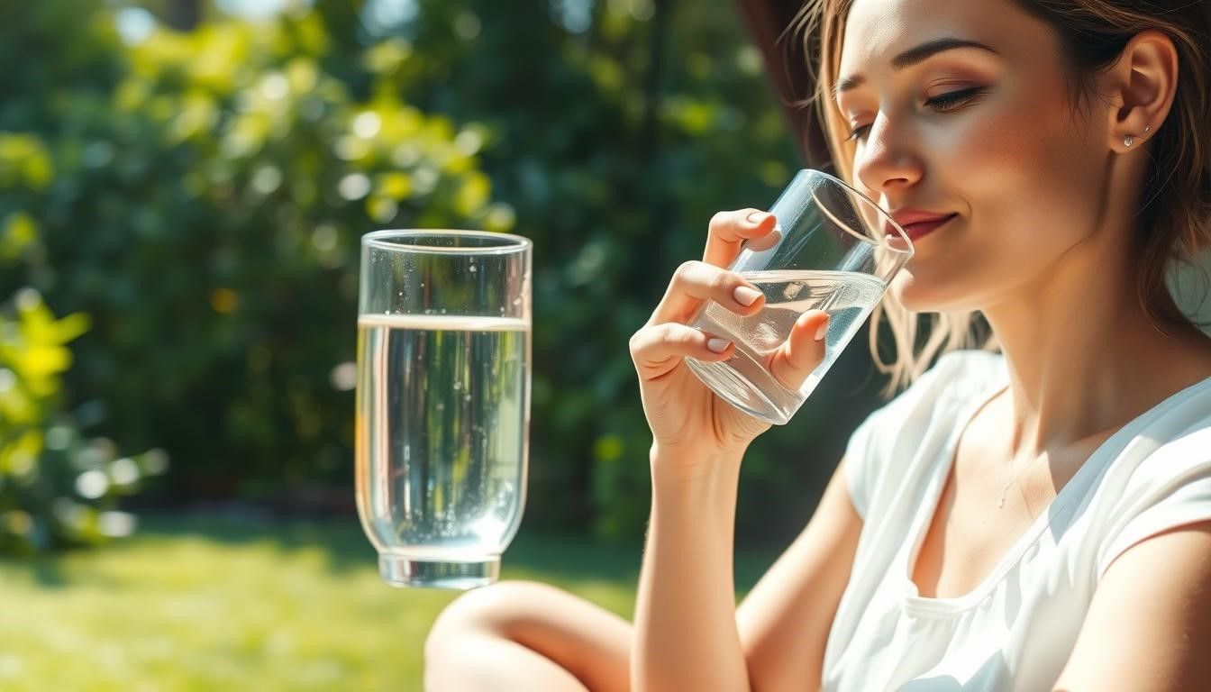 A woman is drinking water from a glass while sitting on the grass.