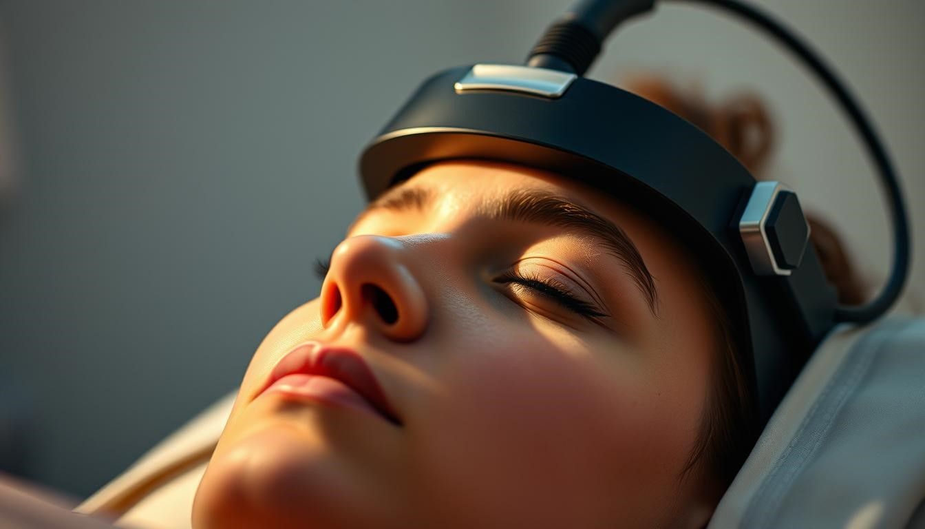 Woman with eyes closed wearing a black device on her head, possibly a medical procedure.