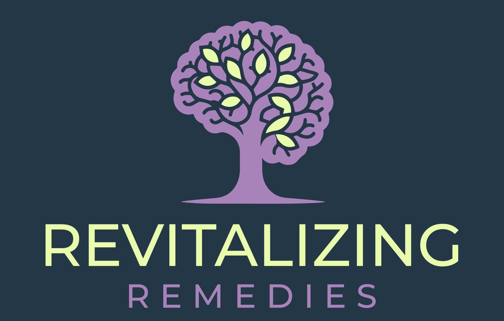 A logo for revitalizing remedies with a tree in the shape of a brain