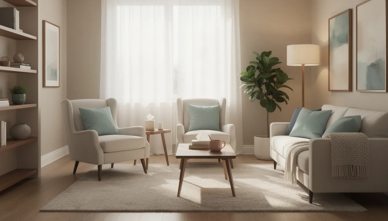 The image depicts a calm and welcoming therapy office, featuring comfortable seating and soft natural lighting, ideal for mental health services. This serene environment supports individuals seeking treatment for mental health conditions, such as depression, providing a space for emotional support and personalized care.