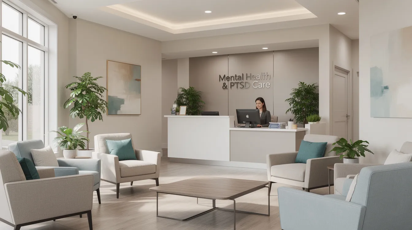 The image shows a modern medical office reception area designed to provide a welcoming environment for patients seeking mental health support, particularly for those dealing with post traumatic stress disorder (PTSD). The space features comfortable seating, creating a calming atmosphere essential for individuals managing PTSD symptoms while engaging with mental health professionals.