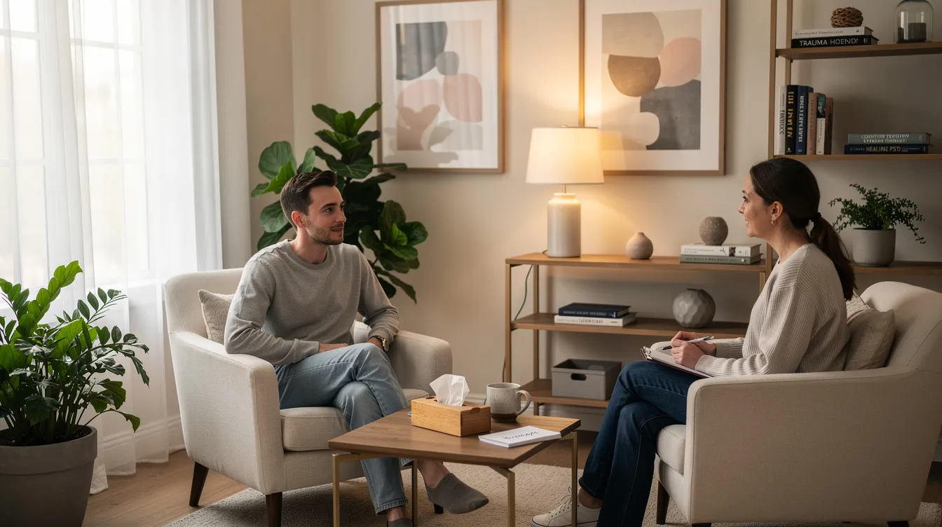 A person is seated comfortably in a therapy office, surrounded by natural light and calming decor, which creates a serene environment for discussing mental health and addressing symptoms of post traumatic stress disorder (PTSD). This supportive space is designed for effective treatments like cognitive behavioral therapy, aimed at helping individuals manage stress and heal from traumatic experiences.