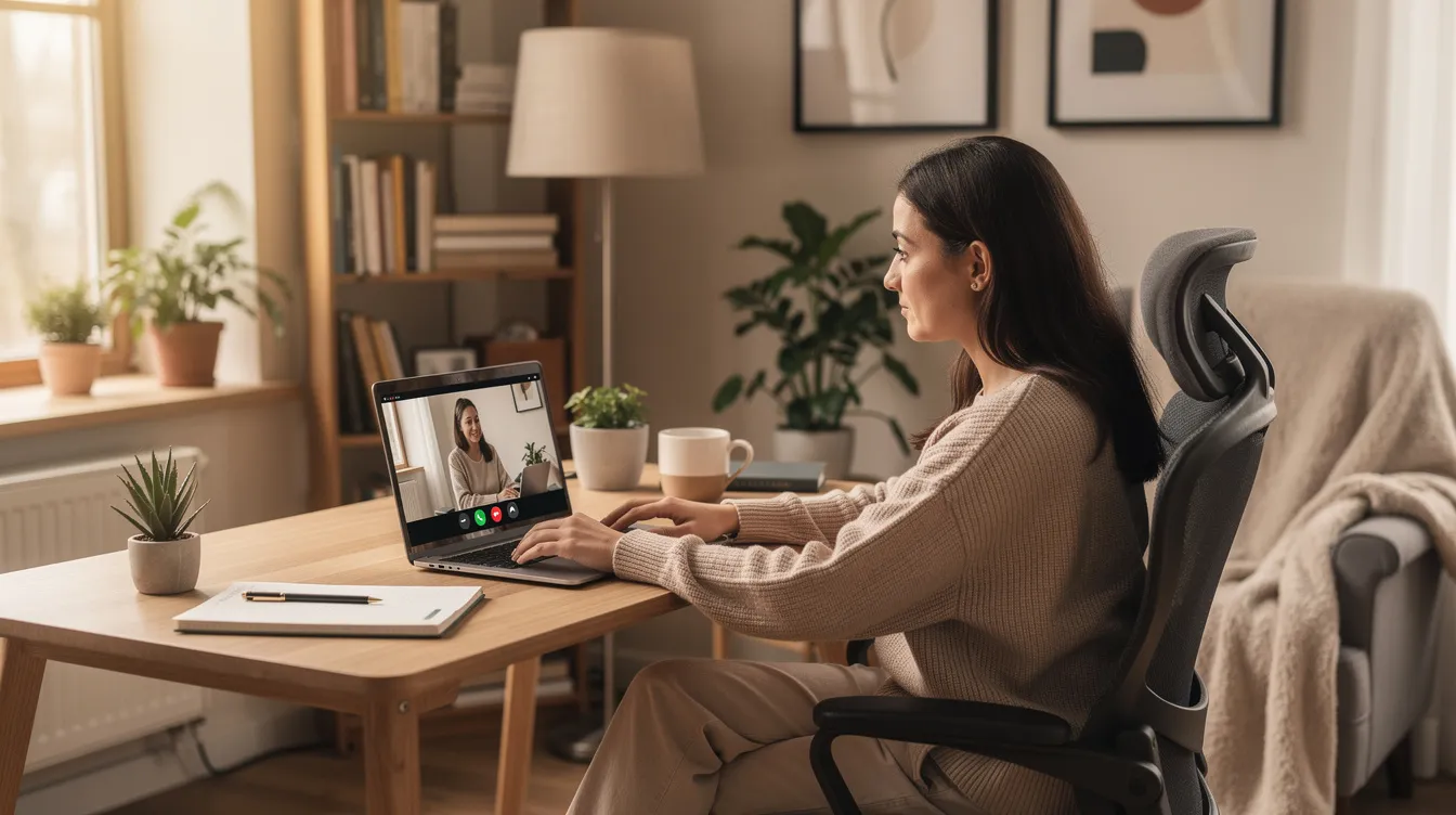 A person is engaged in a video therapy session from their cozy home office, utilizing online resources to connect with a licensed mental health professional. This setting allows for comfortable discussions about emotional challenges and coping skills while receiving support for mental health conditions.