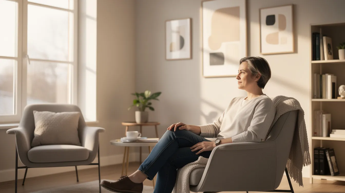 A person is seated comfortably in a bright, modern therapy office, where natural light floods in through the window, creating a welcoming atmosphere for cognitive behavioral therapy. This setting is ideal for individuals seeking support for various mental health conditions, allowing them to explore their feelings and develop coping skills with the guidance of a skilled therapist.