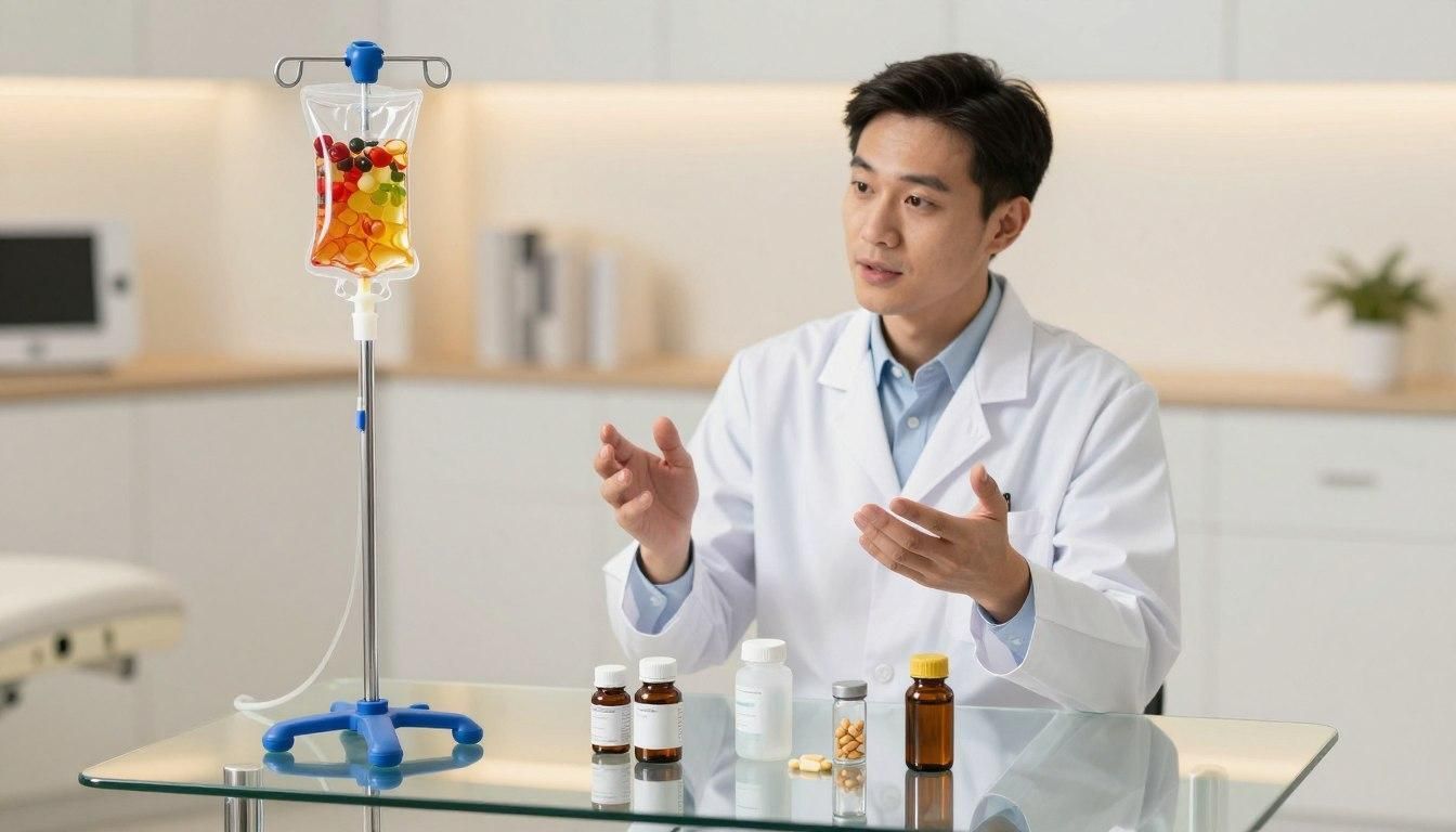 Doctor in lab coat gesturing, with IV bag of fruits and vitamins, and pill bottles on table.
