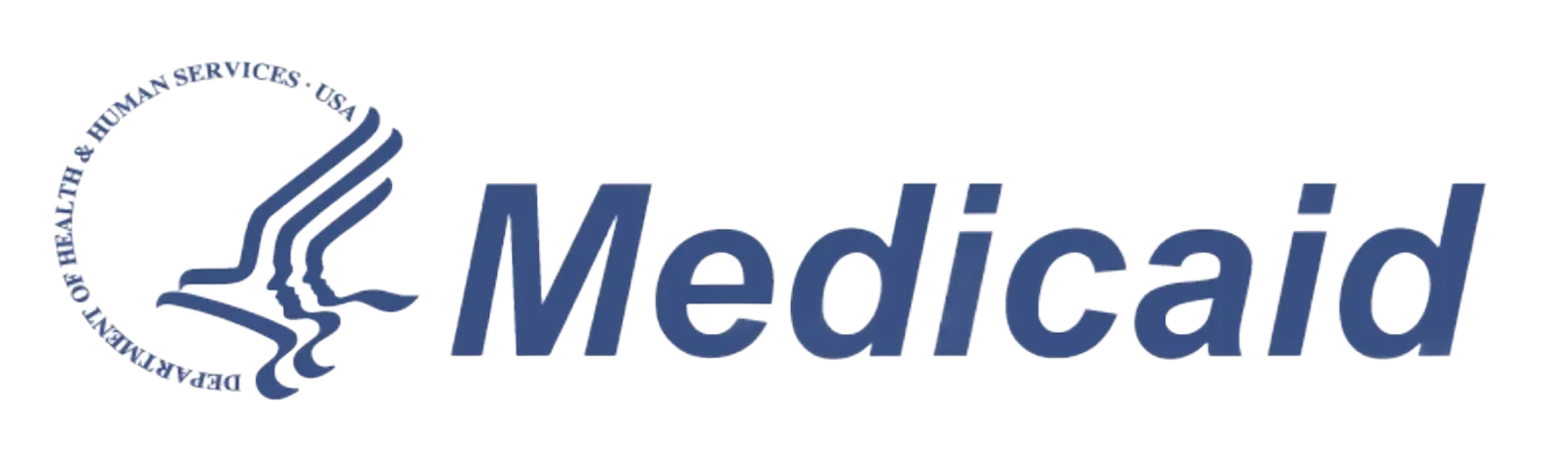 Medicaid logo: blue text next to a logo depicting a stylized bird.
