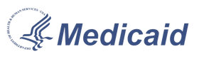 Medicaid logo: blue text next to a logo depicting a stylized bird.