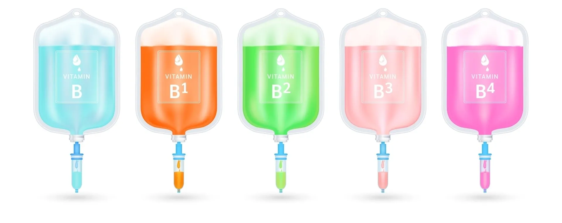 Five colorful IV bags labeled B0 through B4. Each bag has a different color of fluid.