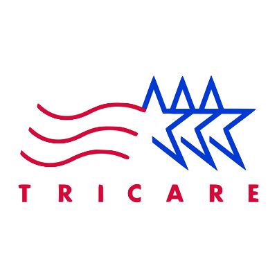 Logo of Tricare: Red lines, blue stars, and text