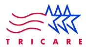 TRICARE logo: red wavy lines and blue stars. Text: TRICARE.