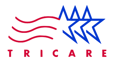 TRICARE logo: red wavy lines and blue stars. Text: TRICARE.
