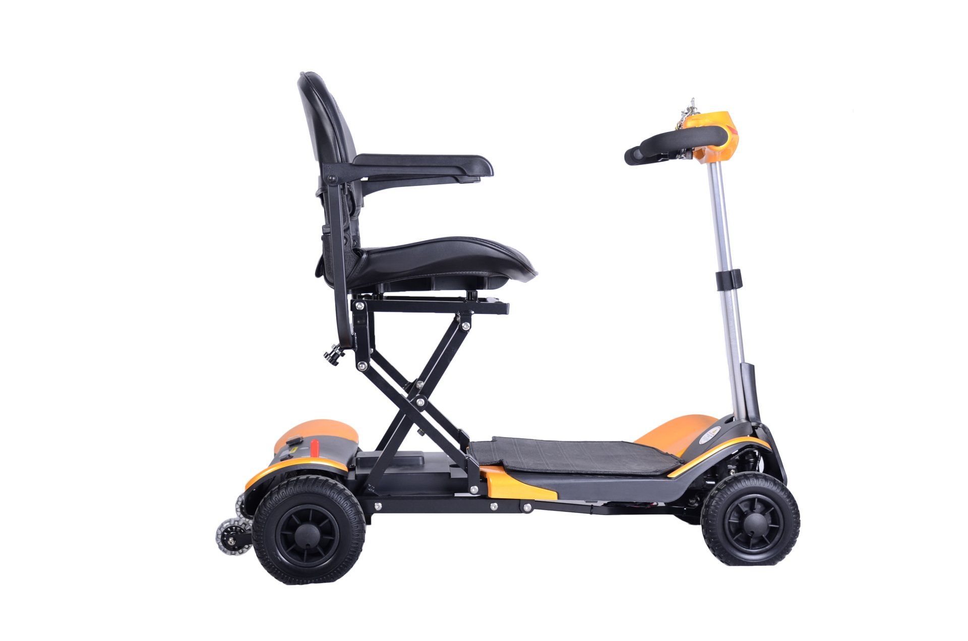 Yellow Folding Mobility Scooter - side on right fully open