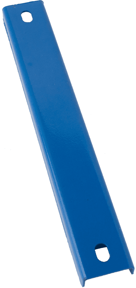 A blue metal bar with a hole in the middle on a white background.