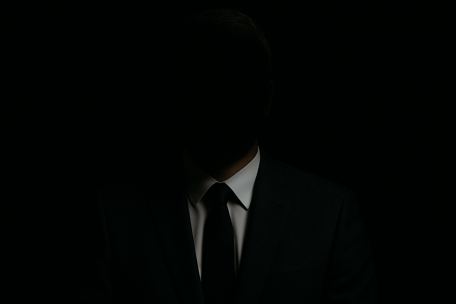Man in formal suit and tie, seated in low light with face obscured to protect anonymity