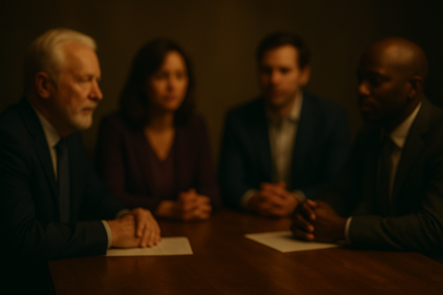 Diverse board members seated at a table in a formal setting, engaged in serious discussion.