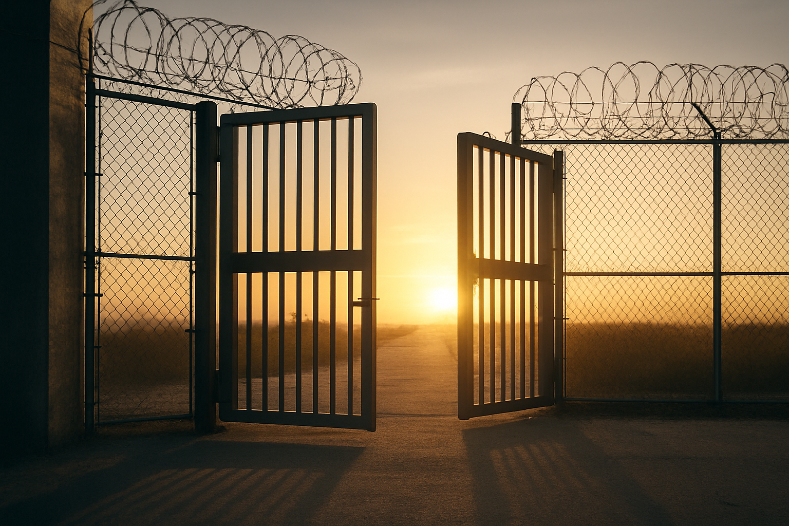Prison yard gates wide open with bright sunrise on the horizon, symbolizing release and hope