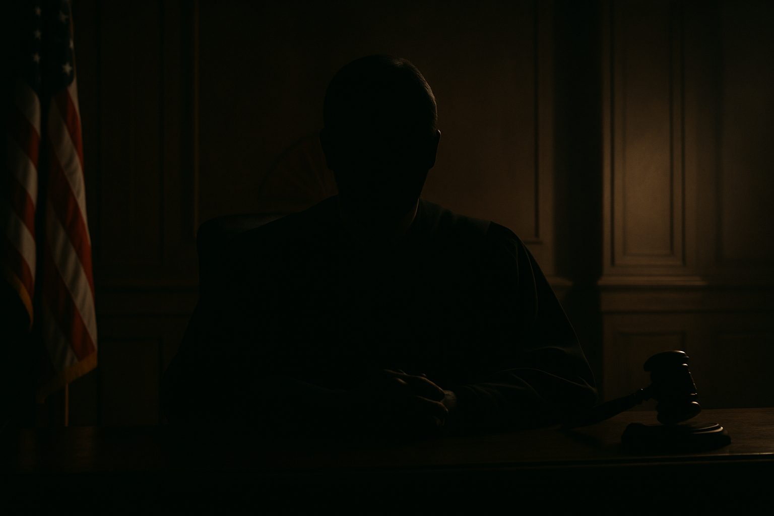 Male figure seated at a podium, face obscured by darkness, lit by soft overhead light in a formal setting.