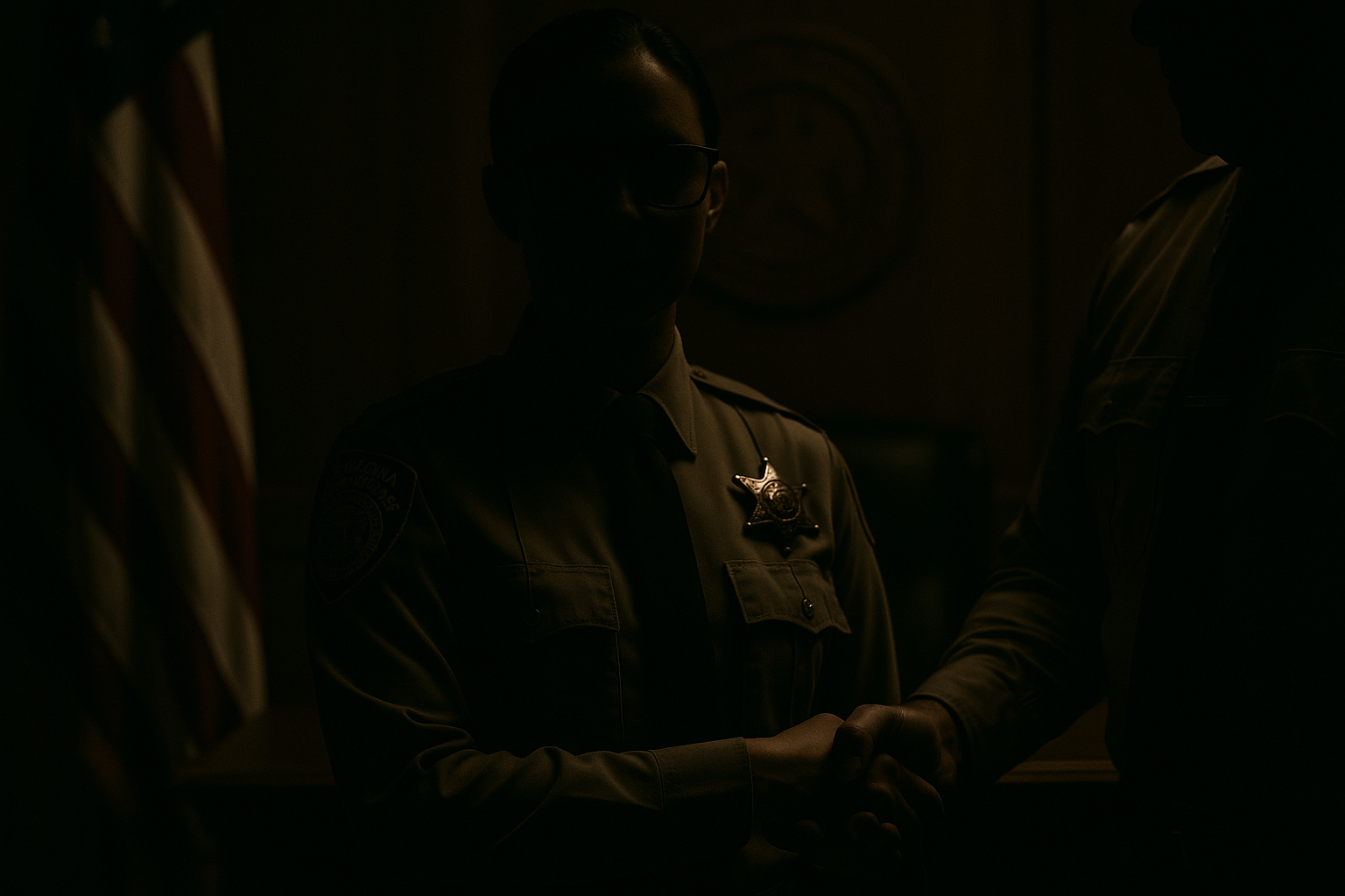 Silhouetted law enforcement officer shaking hands in dim lighting—capturing anonymous support and systemic change.
