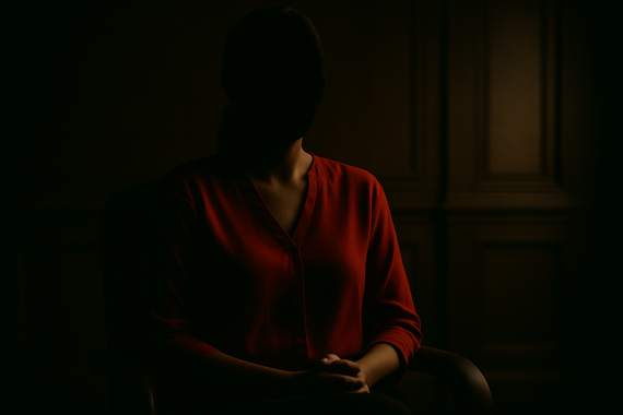 Silhouetted woman in red shirt seated in low light, representing witness protection or anonymity.