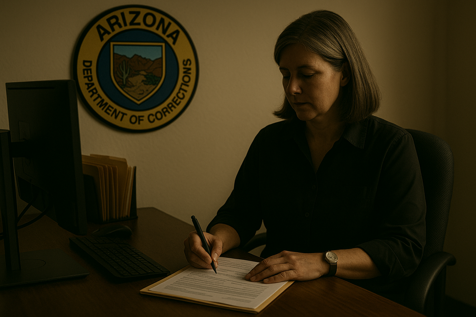 Woman seated at a desk under the Arizona Department of Corrections emblem, reviewing documents.