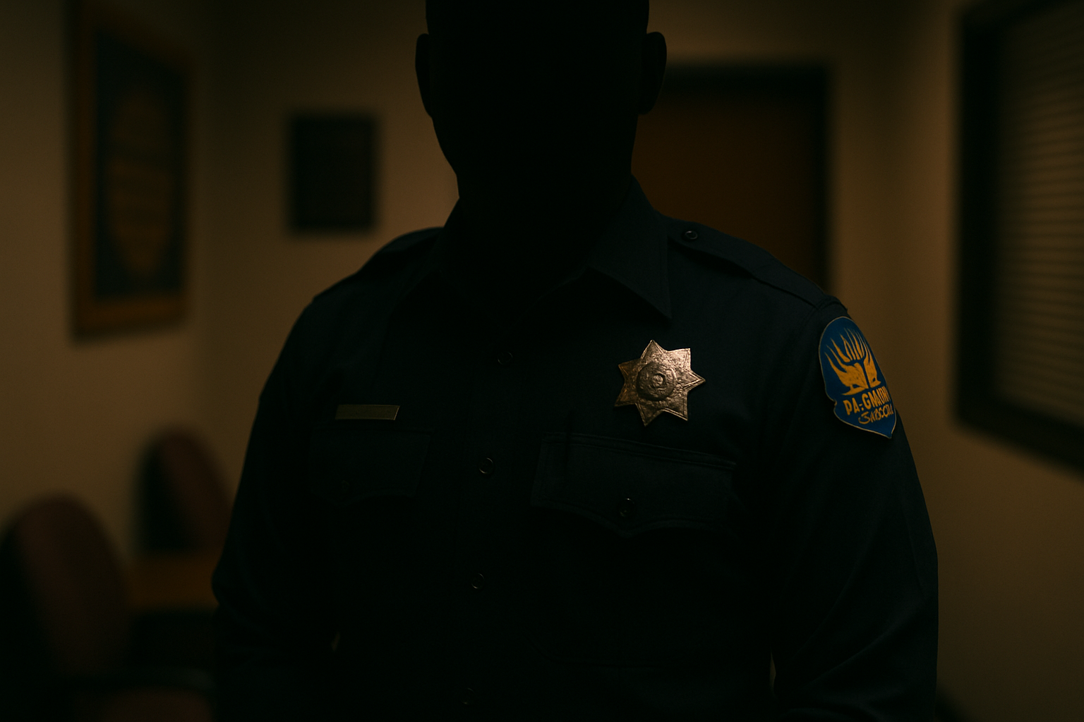 Law enforcement officer in uniform, face out of focus, symbolizing anonymity and systemic involvement.