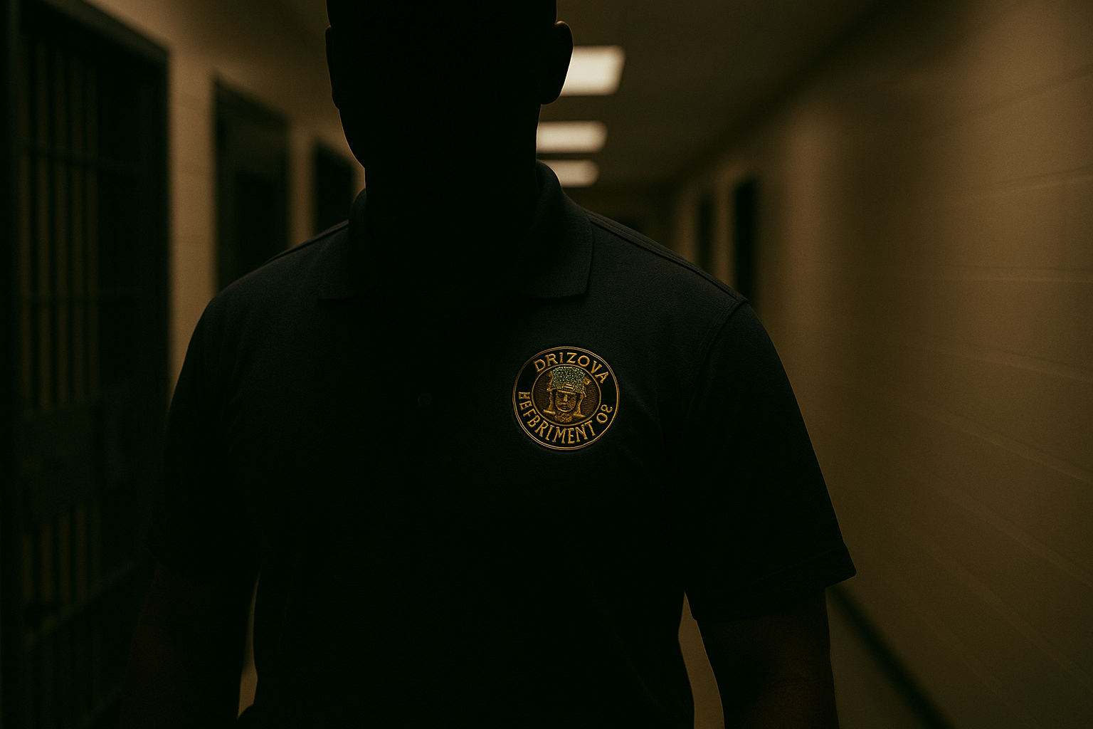 Law enforcement officer with face hidden, standing in a dim hallway with institutional lighting.