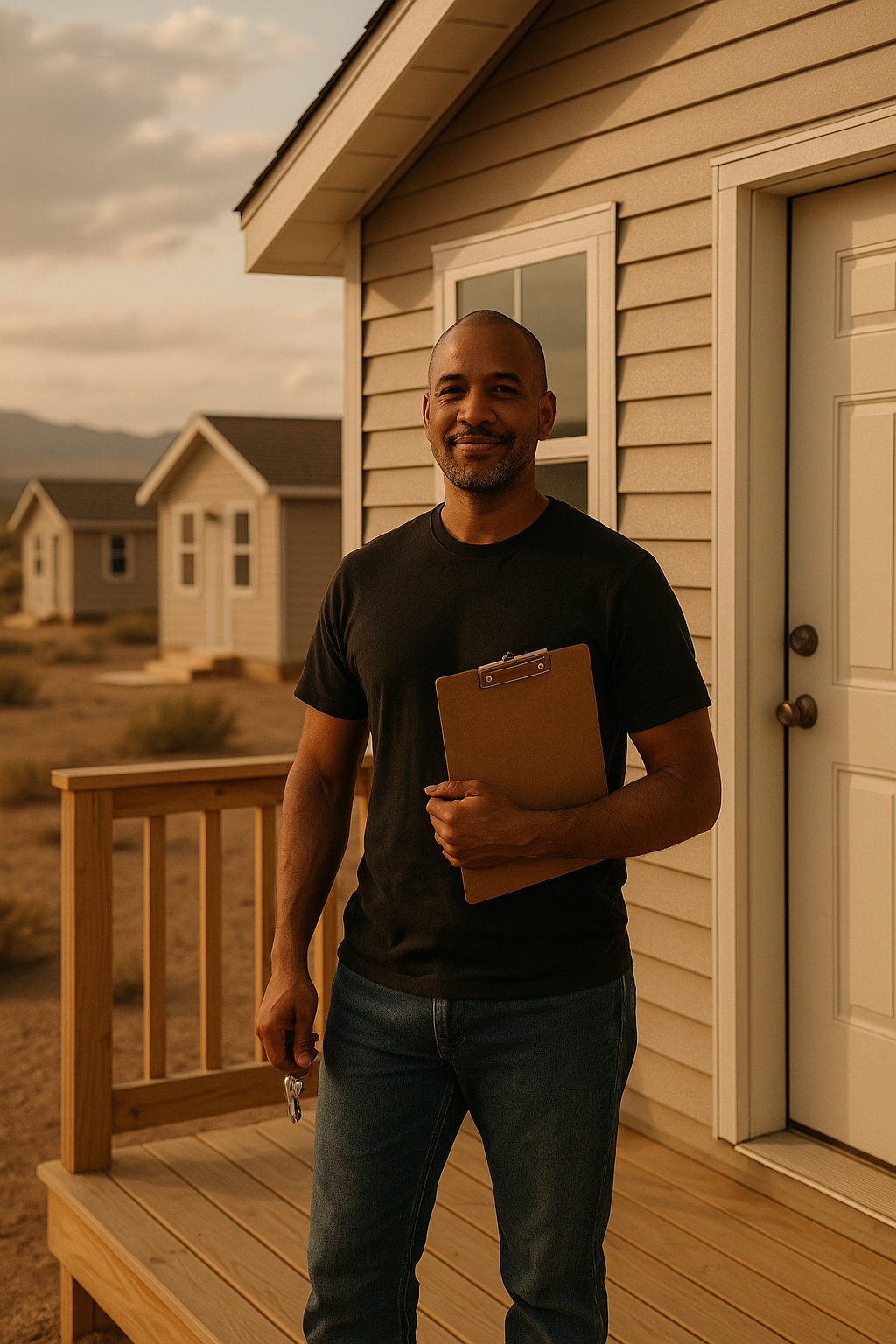 Smiling man standing on a porch in a housing community, holding a clipboard—symbolizing opportunity after incarceration.