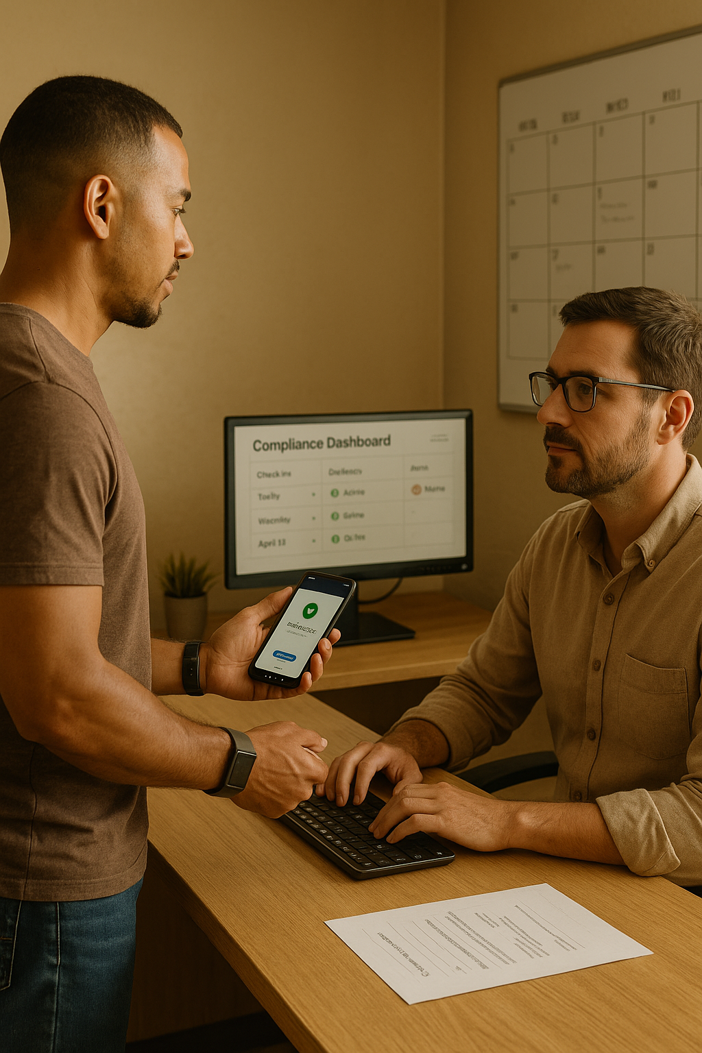 Man showing a compliance dashboard on a phone to another man in an office—emphasizing transparency and accountability.