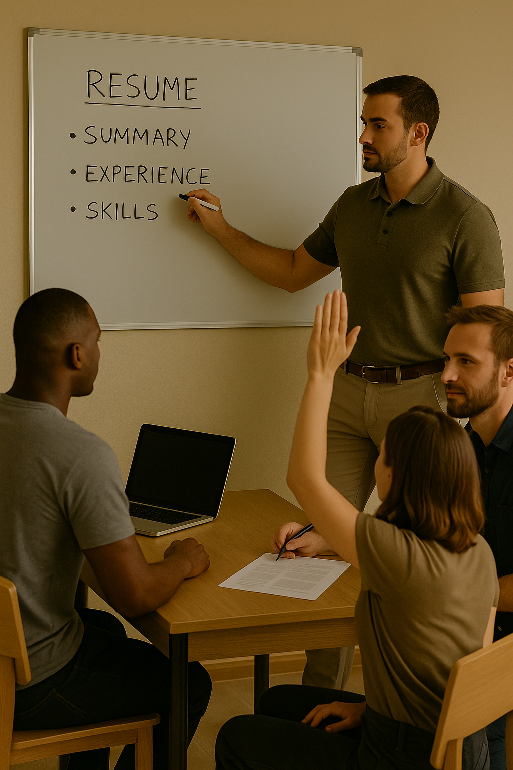 Young adults in a learning environment, one raising their hand—highlighting education and empowerment.