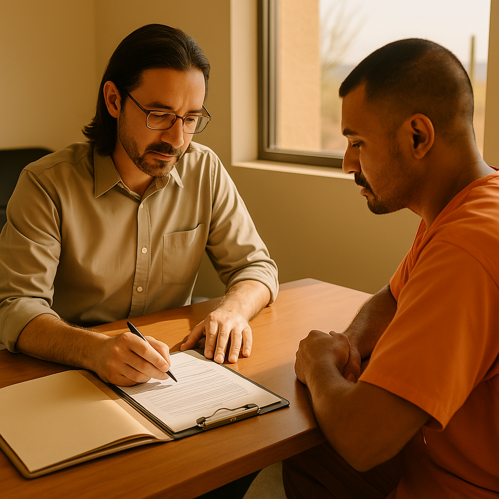 Mental health provider writing while speaking with a justice-impacted client inside a facility.