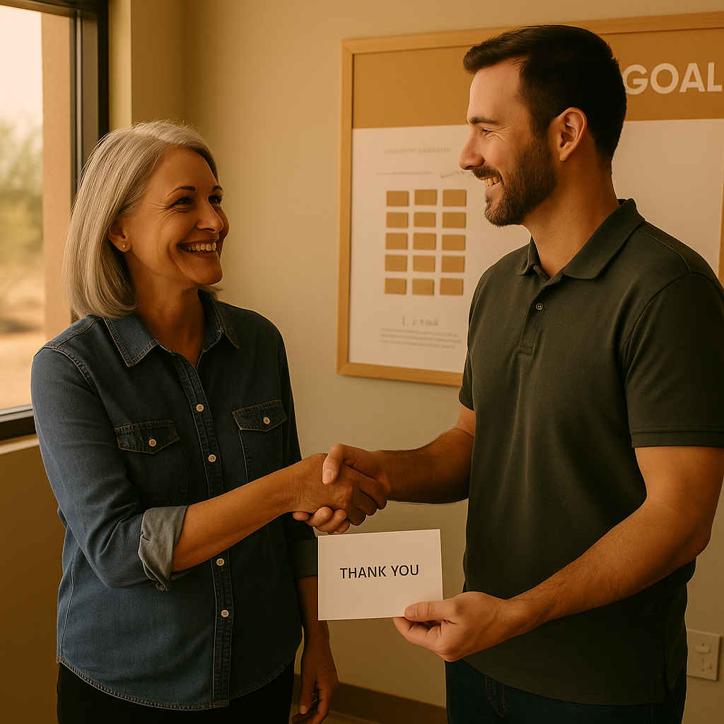 Professional woman welcoming a man with a handshake inside a reentry or treatment center.